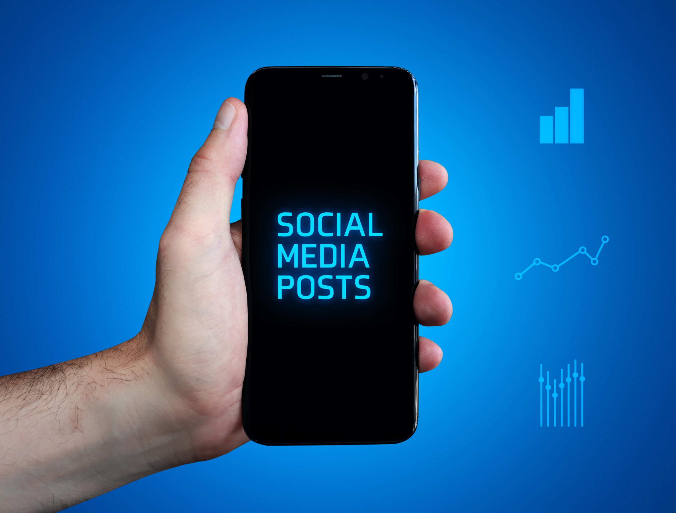 Social Media Posts. Hand holds phone (cell phone). Word on display. Charts on blue background. Business